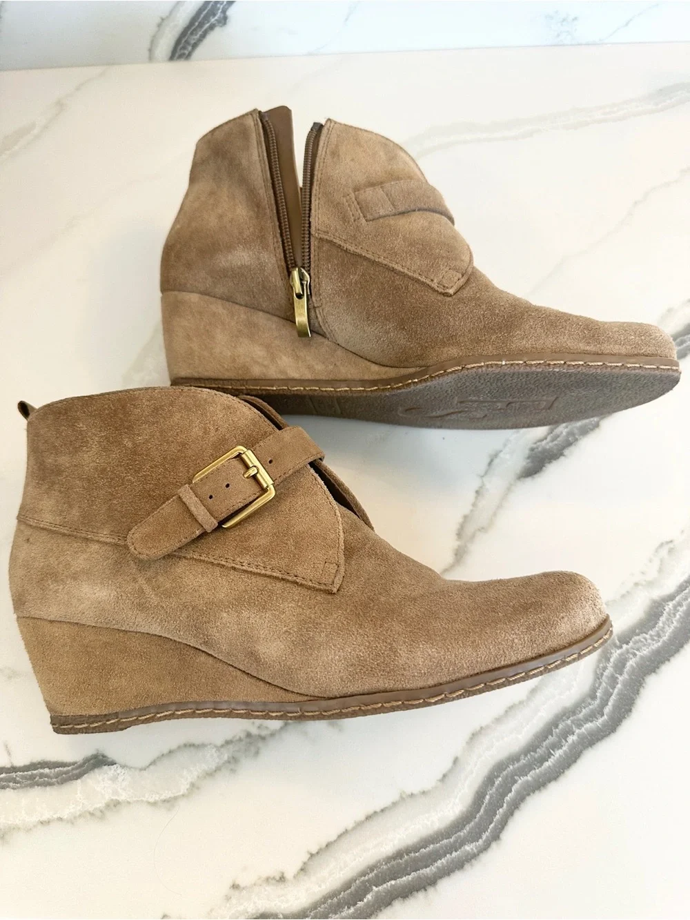 Franco Sarto Amerosa Buckle Wedge Bootie Tan Suede Size 9
